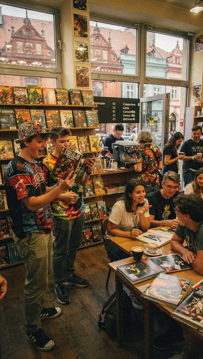 DetailnГ­ pohled na ruДЌnД› malovanou scГ©nu z komiksovГ©ho pЕ™Г­bД›hu