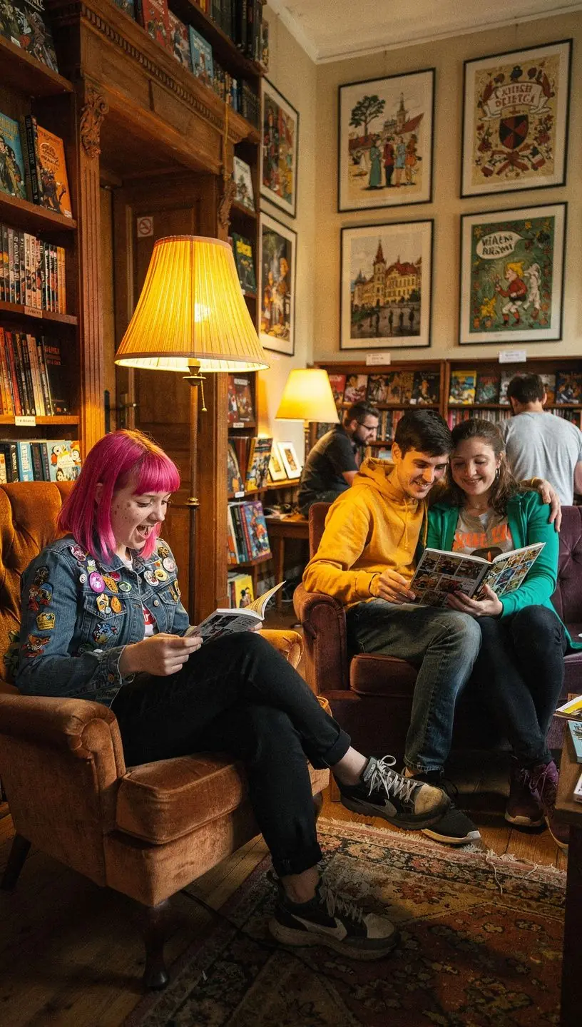 Mladý čtenář sedící na zemi s otevřeným komiksem, zaujatý příběhem.